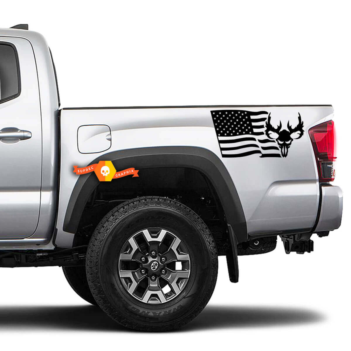 2 lati bandiera USA teschio corno caccia 4x4 Toyota Racing Tacoma adesivo in vinile
