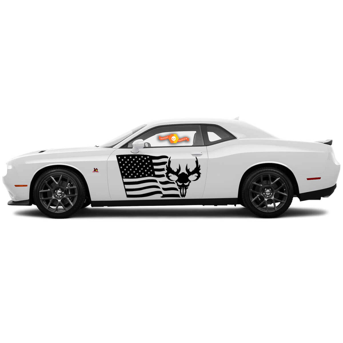 2 Side Dodge Challenger USA Flag Skull Door Side Vinyl Decals Graphics Sticker

