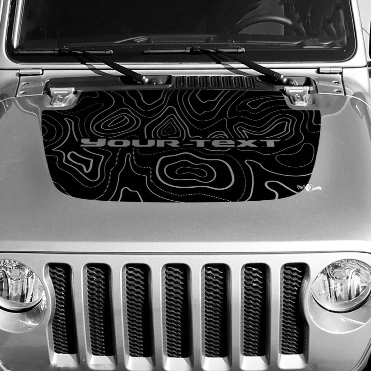 Adesivo in vinile con mappa topografica a linee di contorno nero per cofano Testo personalizzato per Jeep Gladiator
