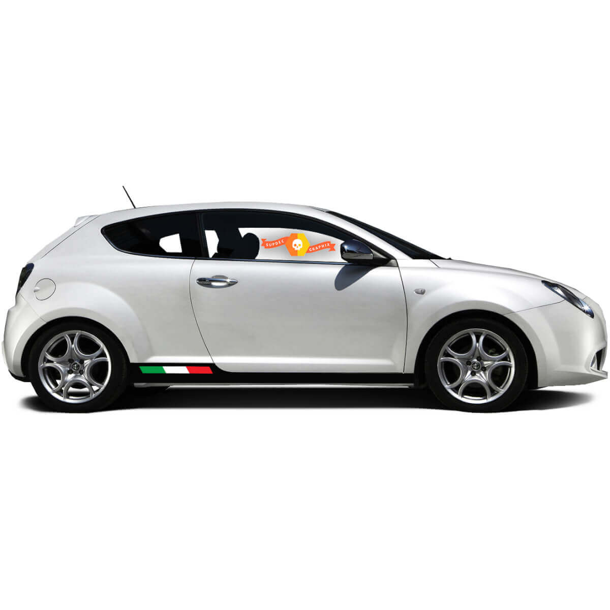 Coppia di adesivi in vinile, adesivi grafici laterali Alfa Romeo Rocker Panel MITO bandiera Italia sinistra appiattita 2022
