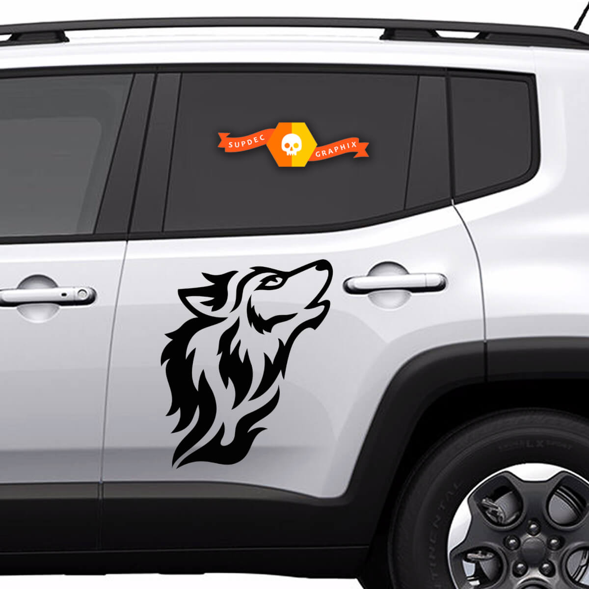 Adesivo in vinile laterale a silhouette di lupo stile tribale per Jeep Renegade