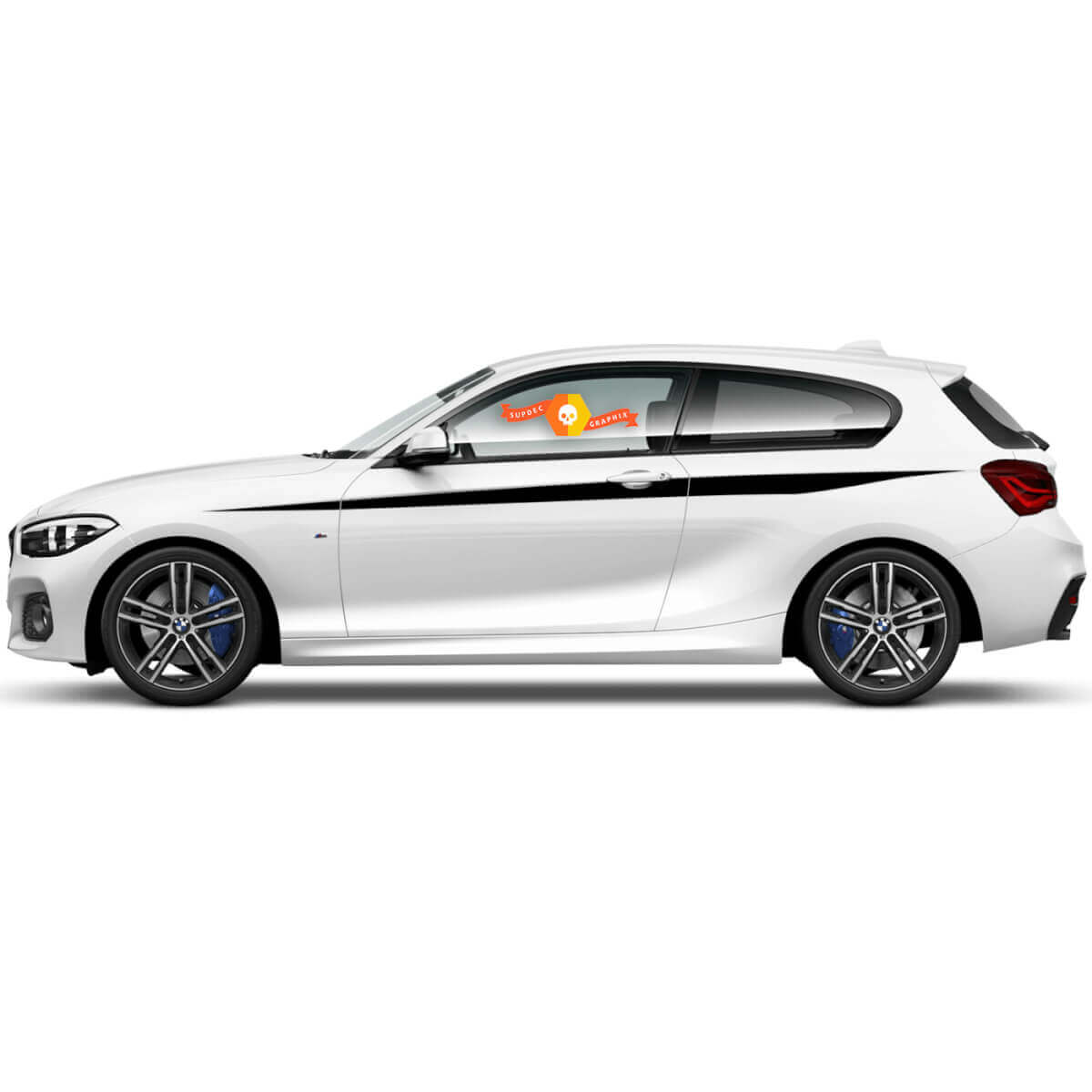Coppia di adesivi in vinile grafico per fiancata per BMW Serie 1 2015 nero tagliato
