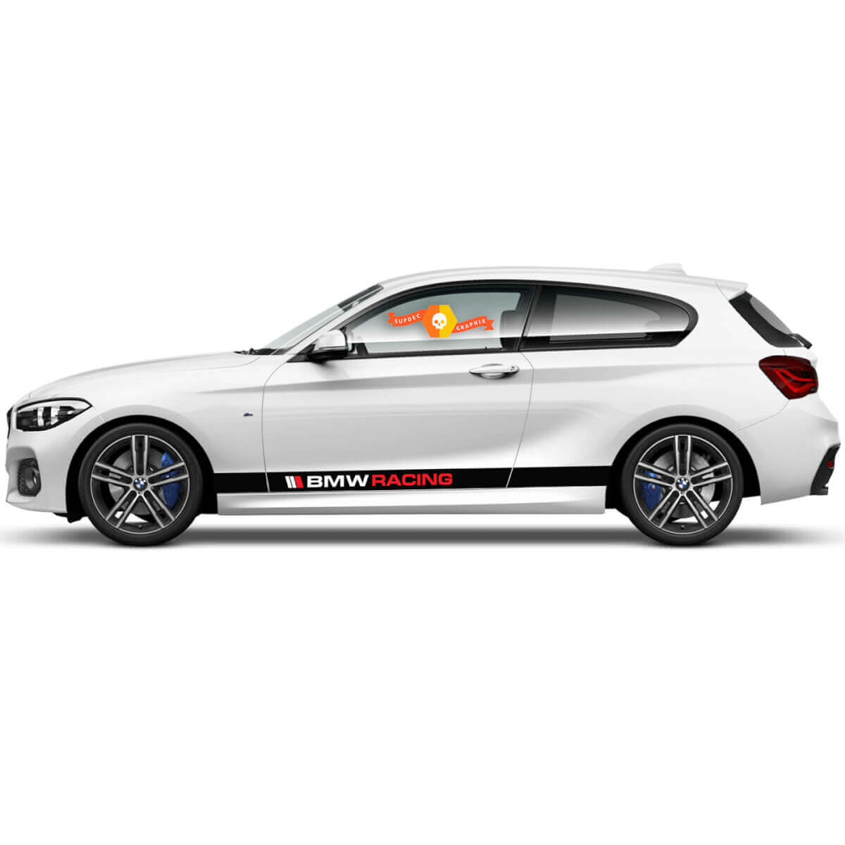Coppia di adesivi in vinile grafico per fiancate per BMW Serie 1 2015 scritta BMW racing nuova
