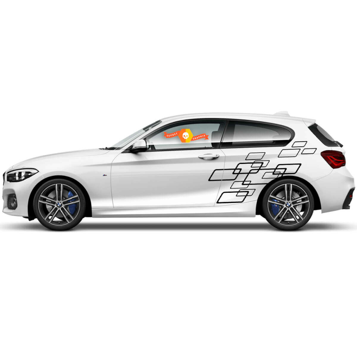 Coppia di adesivi in vinile grafici adesivi laterali bmw 1 serie 2015 stile quadrati
