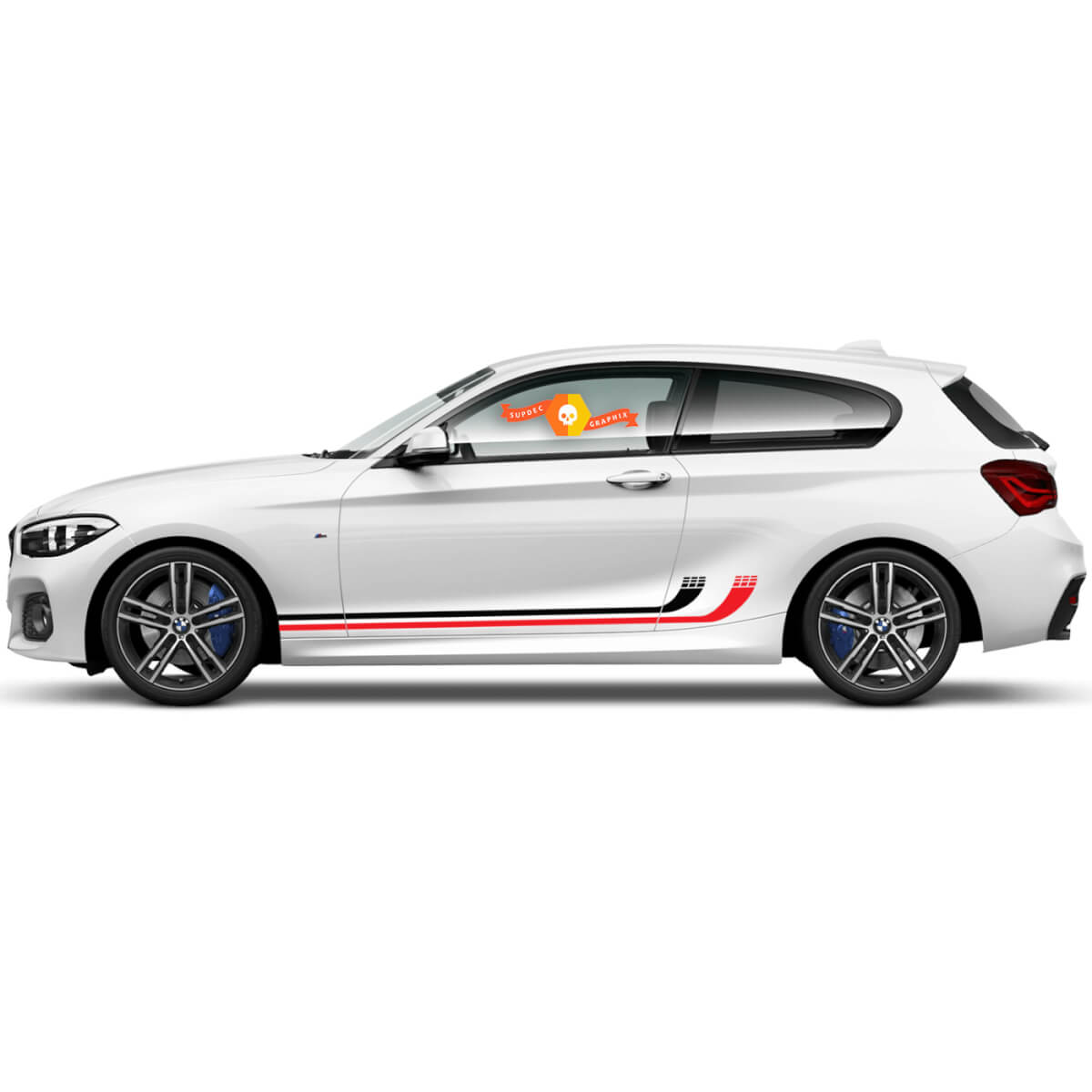 2 x decalcomanie in vinile adesivi grafici laterali BMW Serie 1 2015 strisce curve per porte nuove
