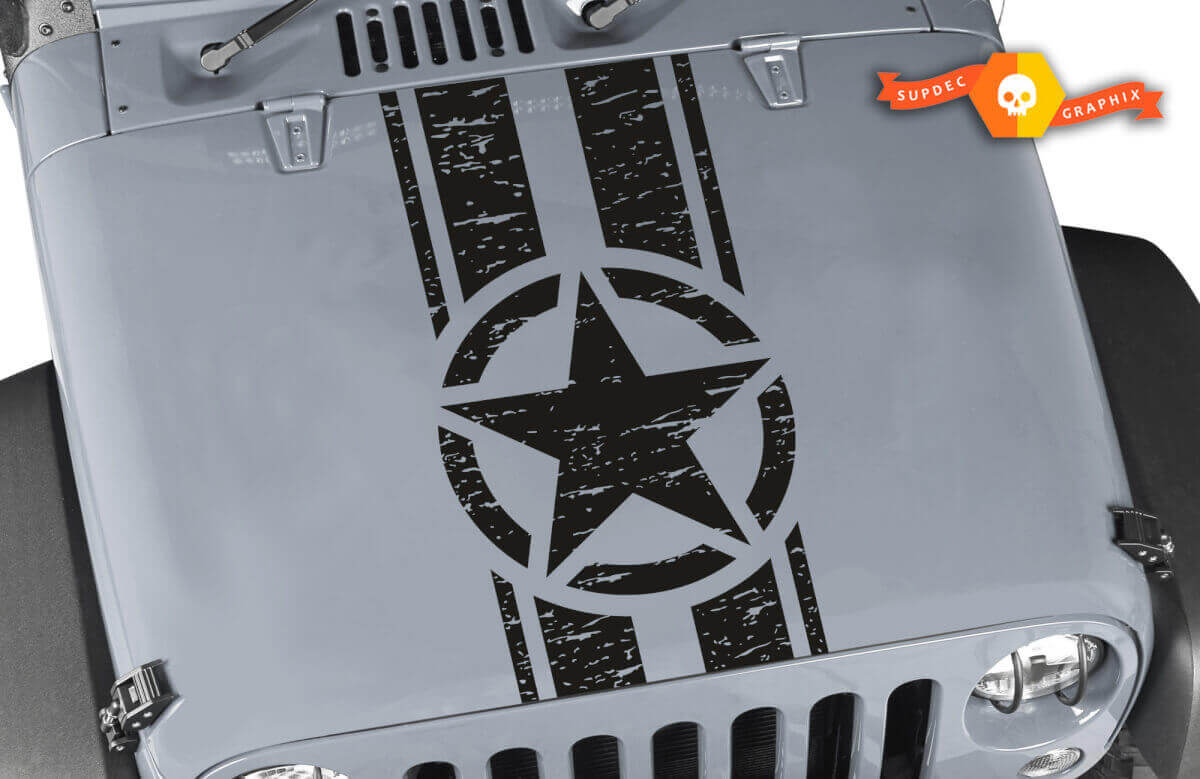 Decal Adesivo in Vinile con Strisce e Stella Militare Usurata per Jeep Wrangler