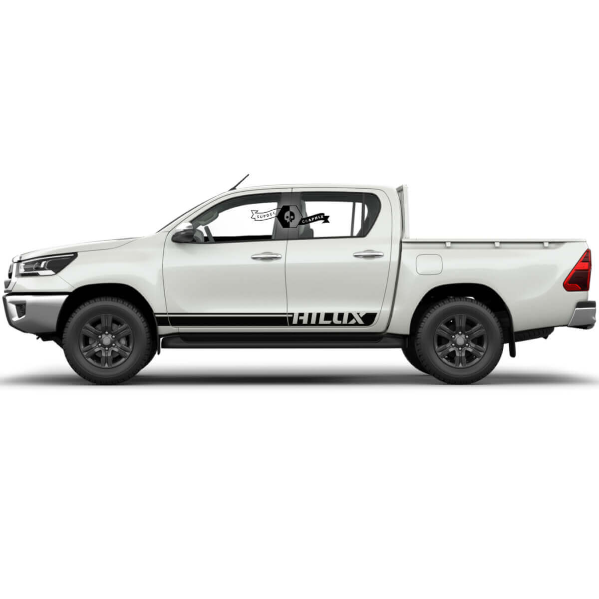 Coppia di adesivi in vinile per fiancate laterali con strisce per porte rally moderne Toyota Hilux.
