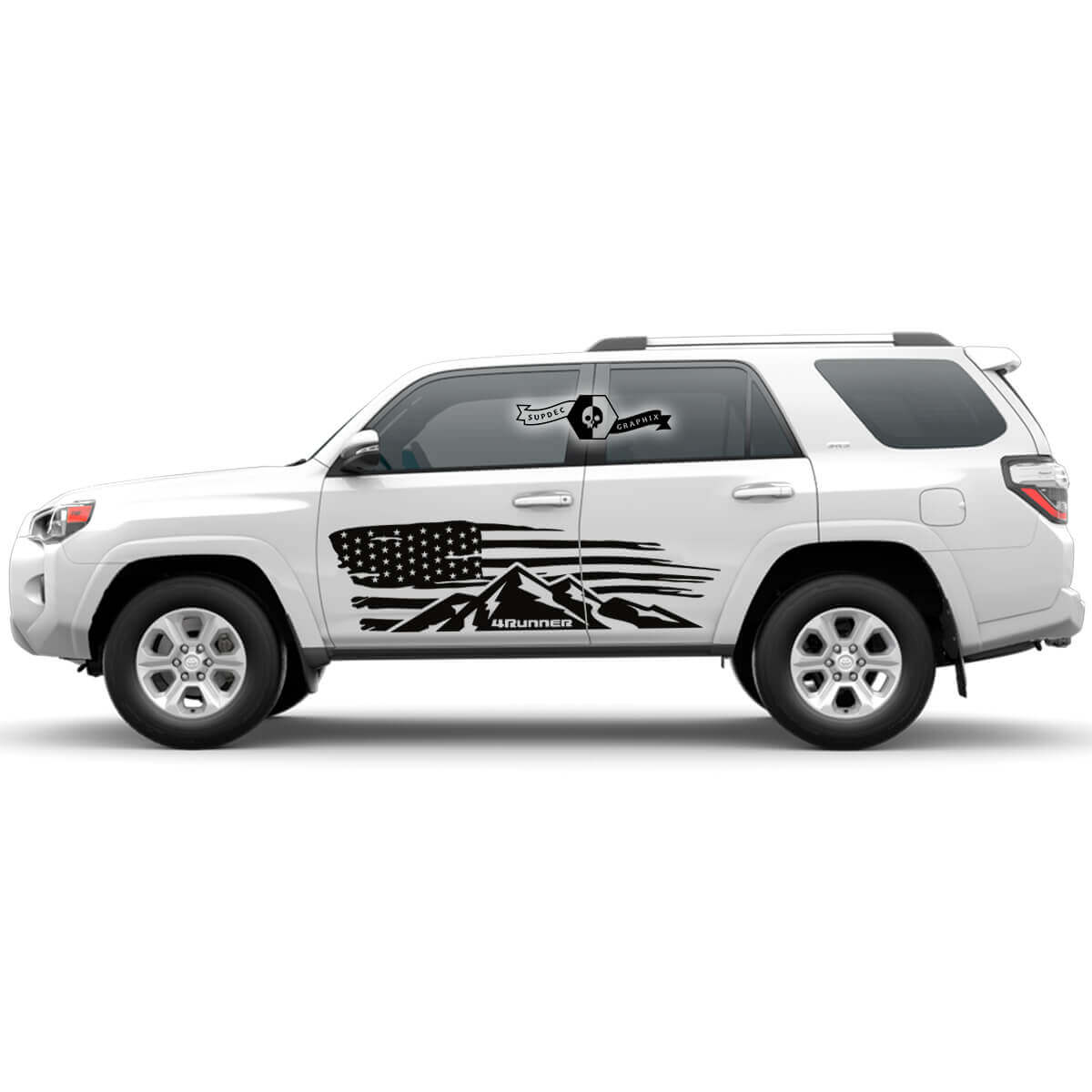 Adesivo in vinile per porta laterale con montagne e bandiera USA invecchiata per Toyota 4Runner