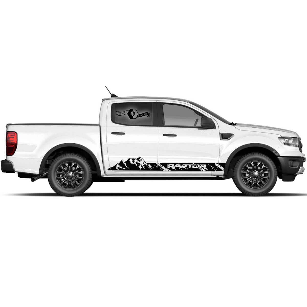 Coppia di adesivi grafici in vinile invecchiato con montagne laterali per pannelli laterali Ford F150 Raptor 2022 moderni.
