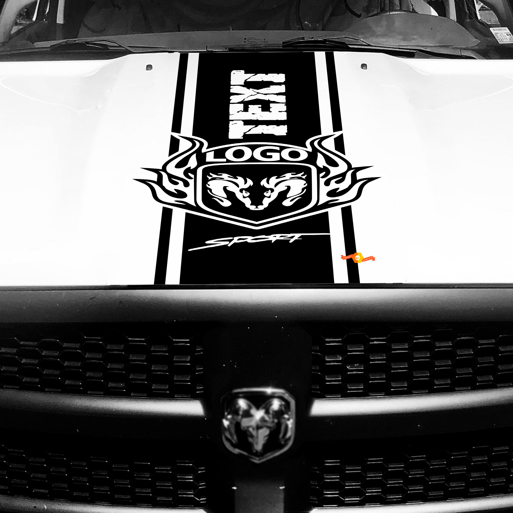 Adesivo in Vinile Personalizzato con Striscia Stile Hemi per Cofano Dodge Ram 1500