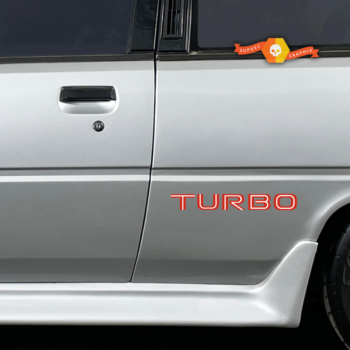 2x Mitsubishi cordia turbo laterale laterale per il corpo decalcomanie adesivo grafico 2 colori