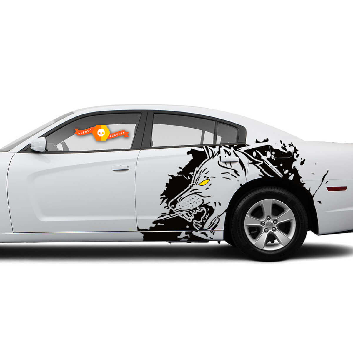 Coppia di adesivi wrap splash laterali X-Large WOLF per Dodge Challenger o Charger in due colori
