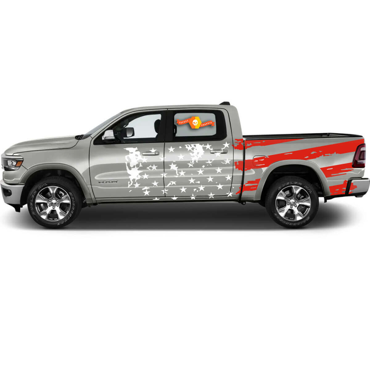 Dodge Ram 1500 Lato Letto 2 Colori Bandiera USA Racing Striscia Posteriore Adesivo in Vinile
