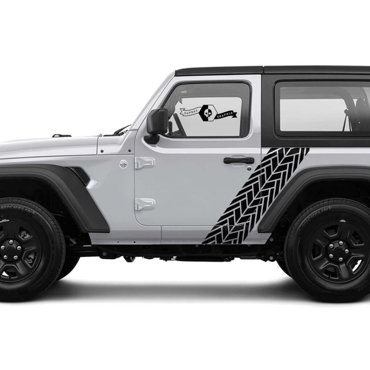 2 Nuove strisce JEEP Wrangler con grafica laterale della pista delle gomme Adesivo Decalcomania
