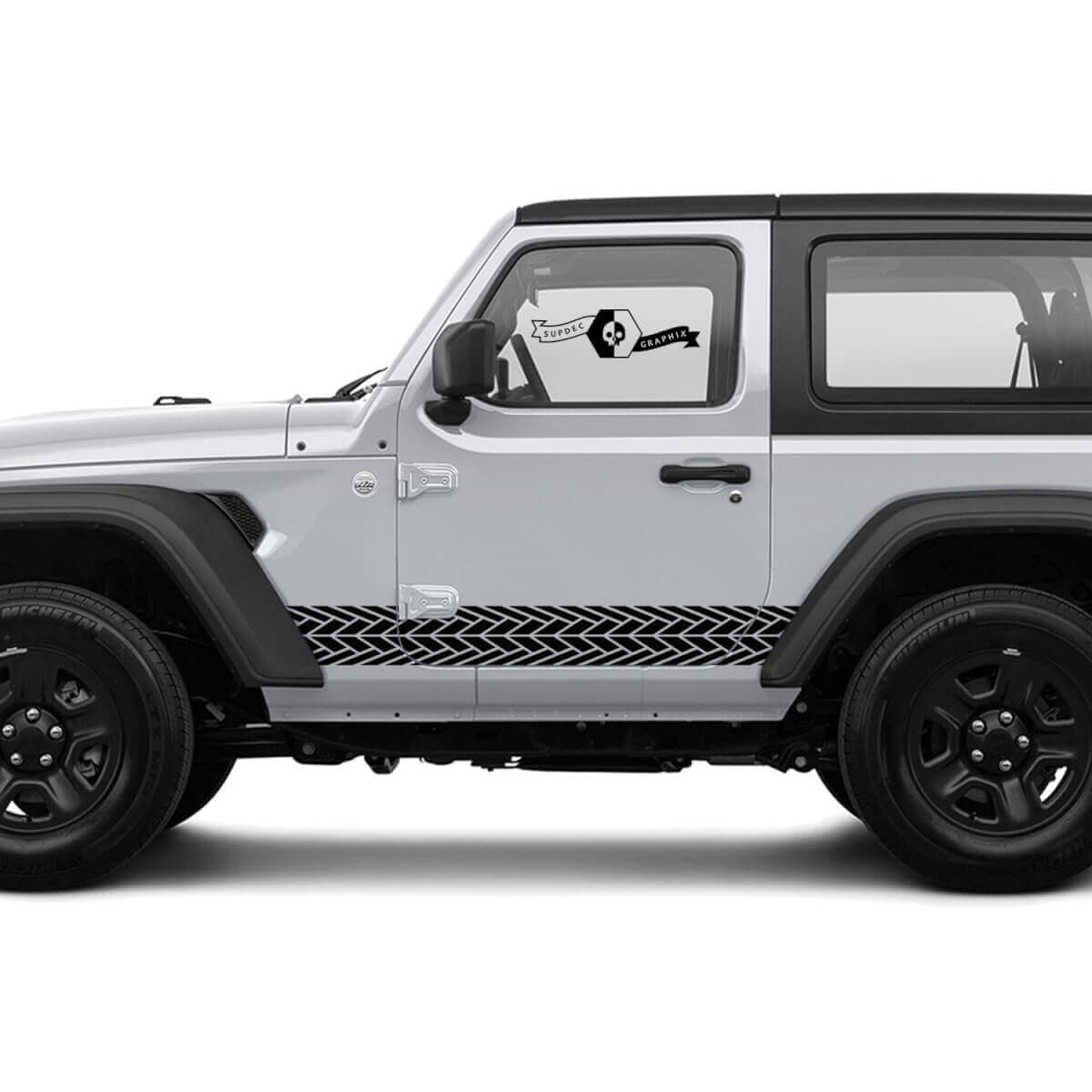 2 Nuove strisce laterali per JEEP Wrangler con adesivo grafico per pannello laterale e impronta di pneumatico
