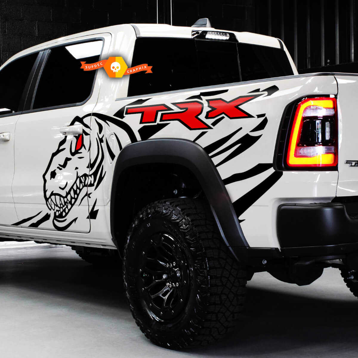 Coppia Dodge Ram Rebel TRX 2022+ 2023+ 2 colori lato 1500 TRX Splash Bed Dinosauri T-Rex TRX camion vinile adesivo decalcomania grafica
