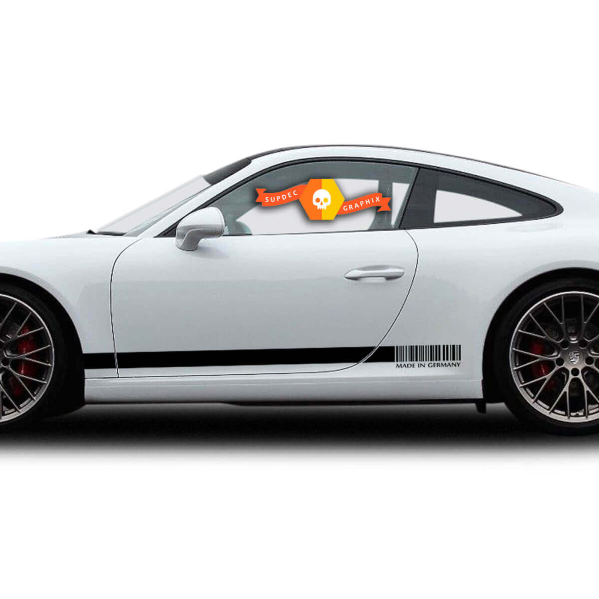 Fatto in Germania Adesivi in vinile con righe laterali codice a barre Coppia per Porsche 911