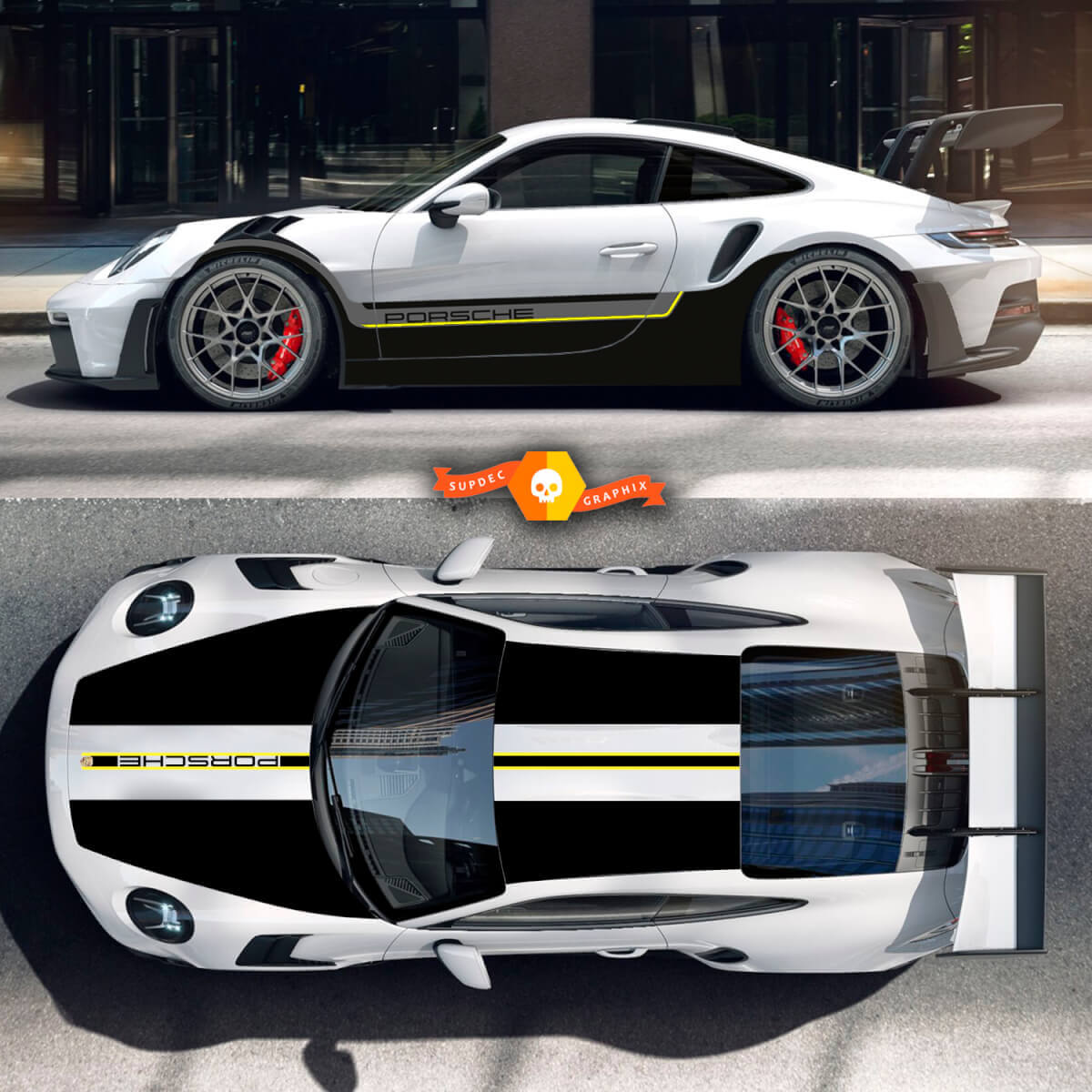 Kit adesivi Porsche 991 gt3 in 2 colori per cofano, tetto, spoiler posteriore e strisce adesive.
