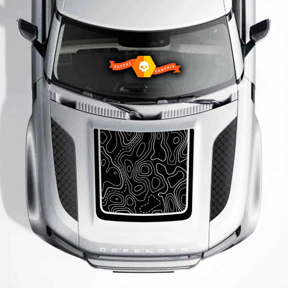 Adesivo in Vinile Nero Opaco per Cofano con Mappa Topografica per Land Rover Defender 110