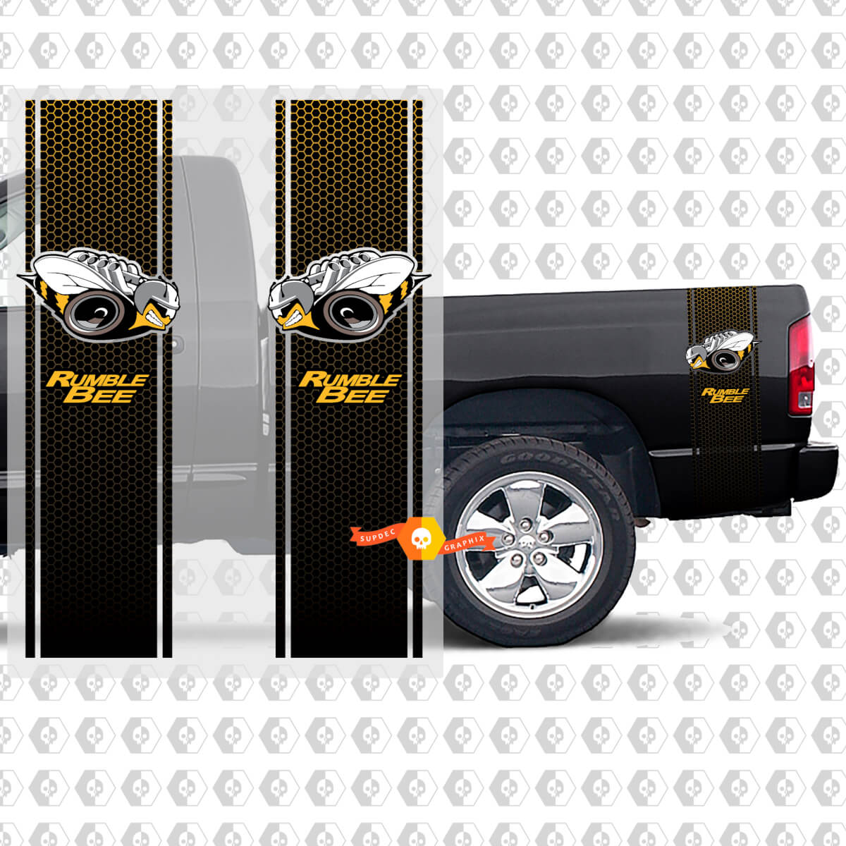 2x Dodge Ram Rumble Bee Strisce nere Favi gialli Adesivi Decalcomanie Pickup 1500
