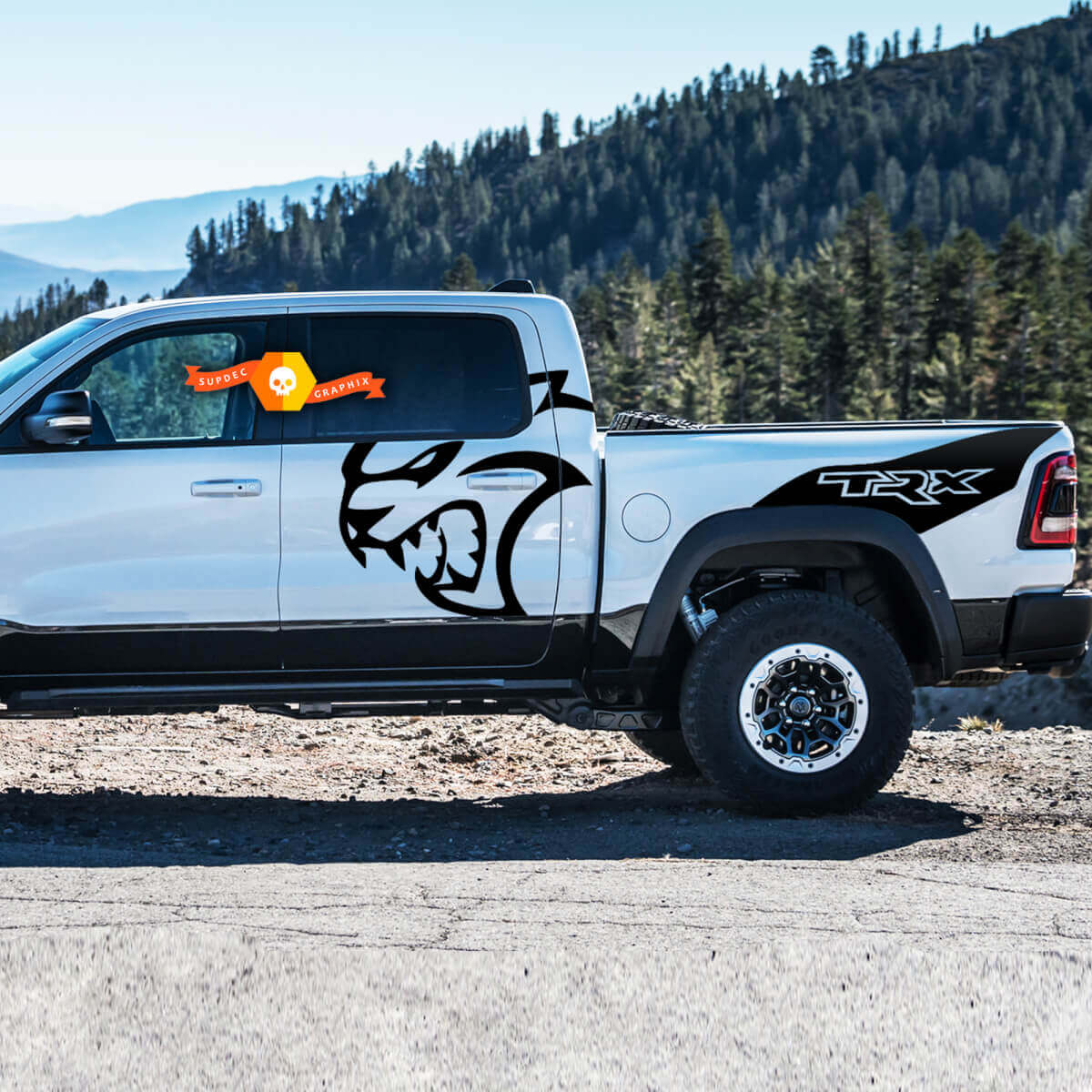 Coppia Dodge Ram TRX Hellcat 2021+ Splash Ram Head Doors Bed Logo Truck Vinile Adesivo Decalcomania grafica per letto

