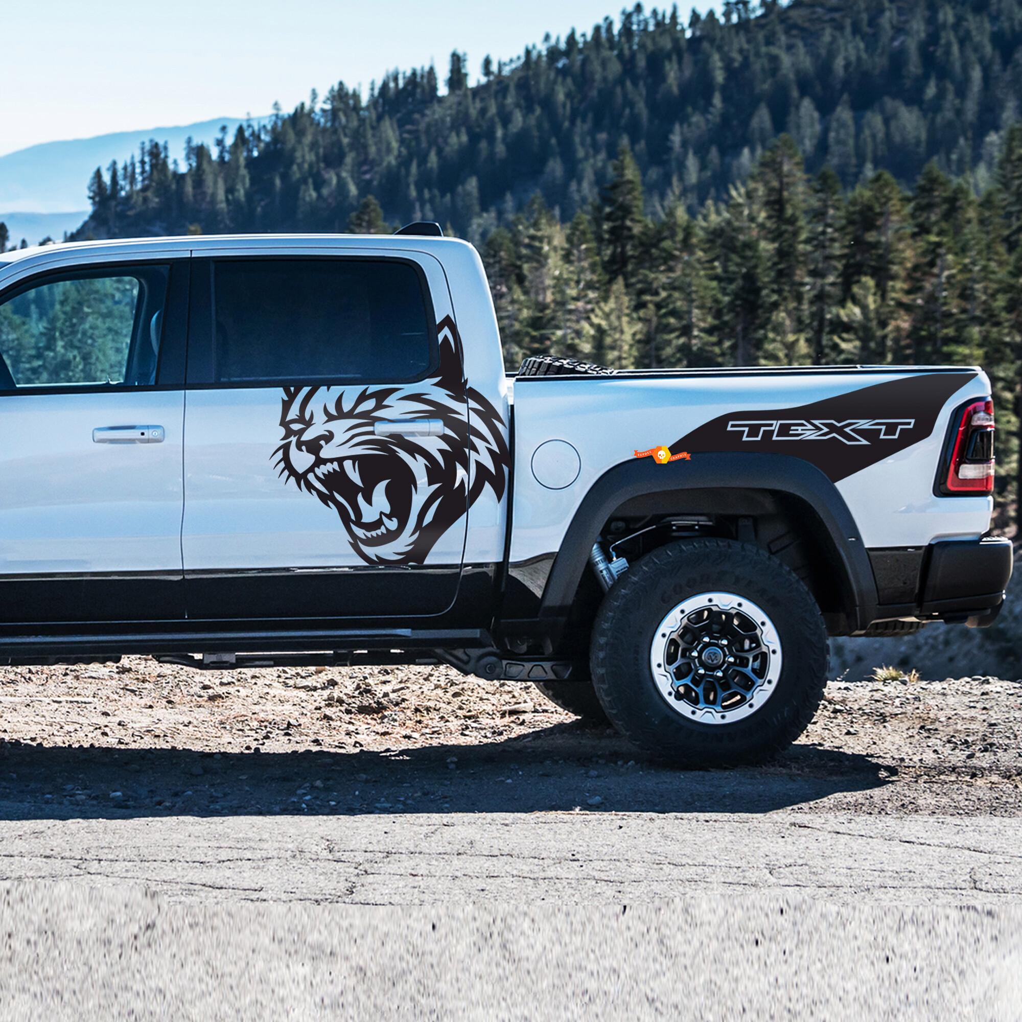 Adesivo in vinile Wildcat e Testo Personalizzato per fianco porta per Dodge Ram 1500