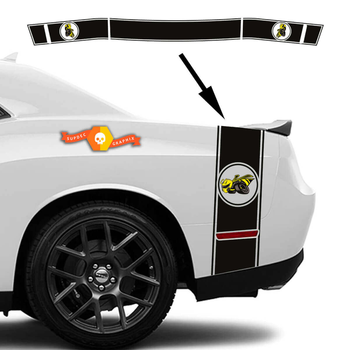 Kit adesivi strisce laterali posteriori e portellone Drag Bee per Dodge Challenger Charger