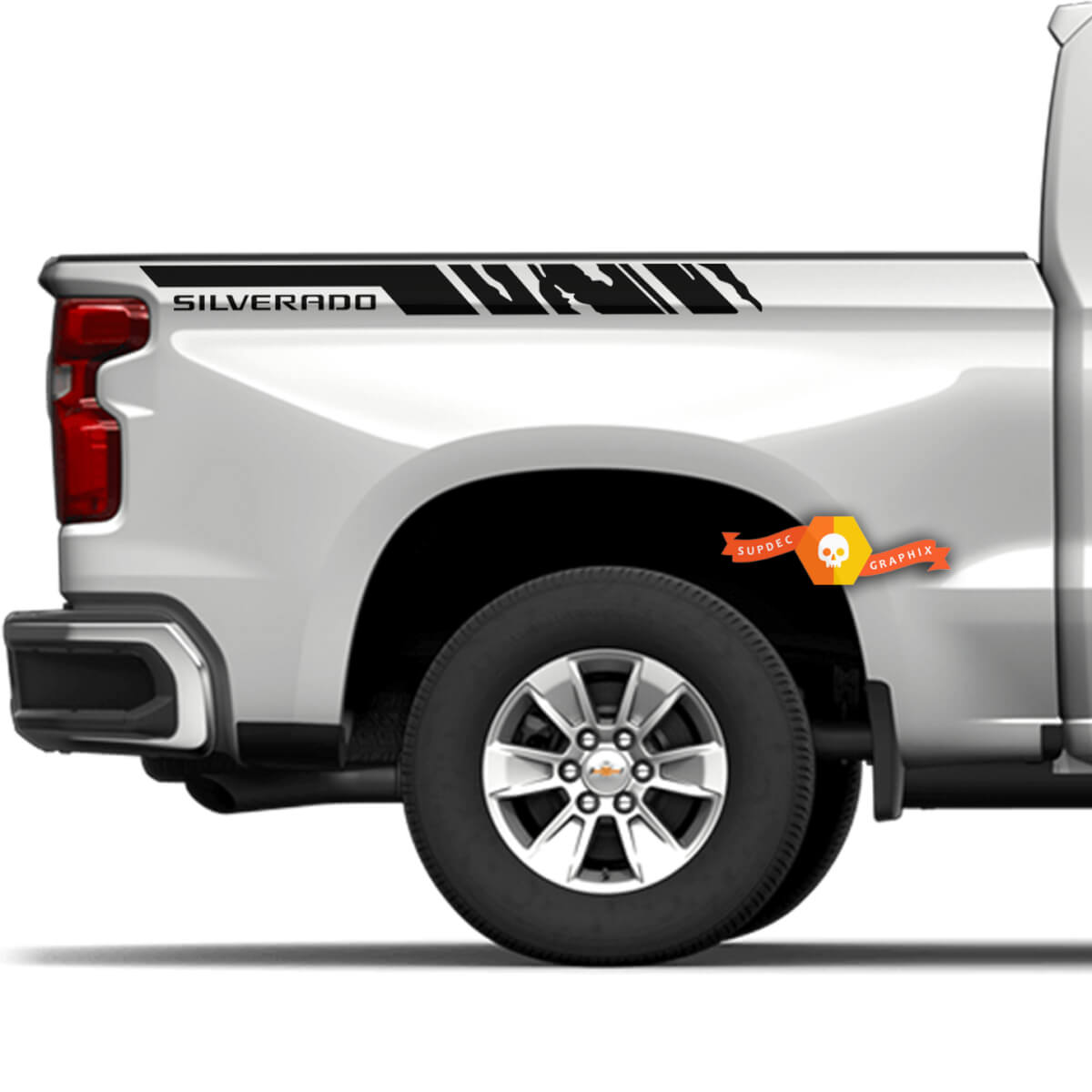 Coppia decalcomanie distrutte sui comodini a strisce Silverado per adesivi in ​​vinile per camion Chevy Chevrolet
