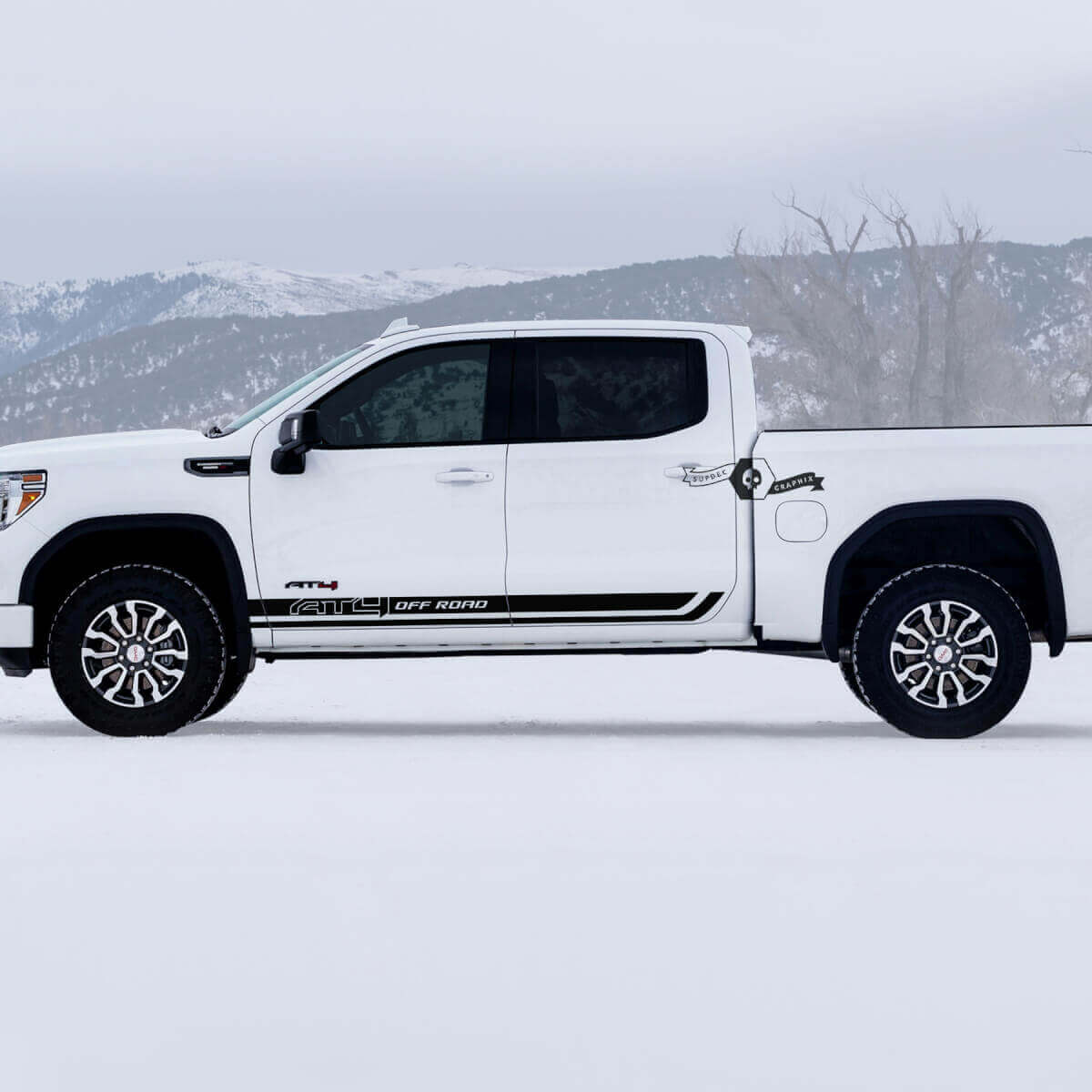 2 strisce del pannello laterale della porta GMC GM Sierra 1500 AT4, adesivi Destroyed per il lato del letto fuoristrada.
