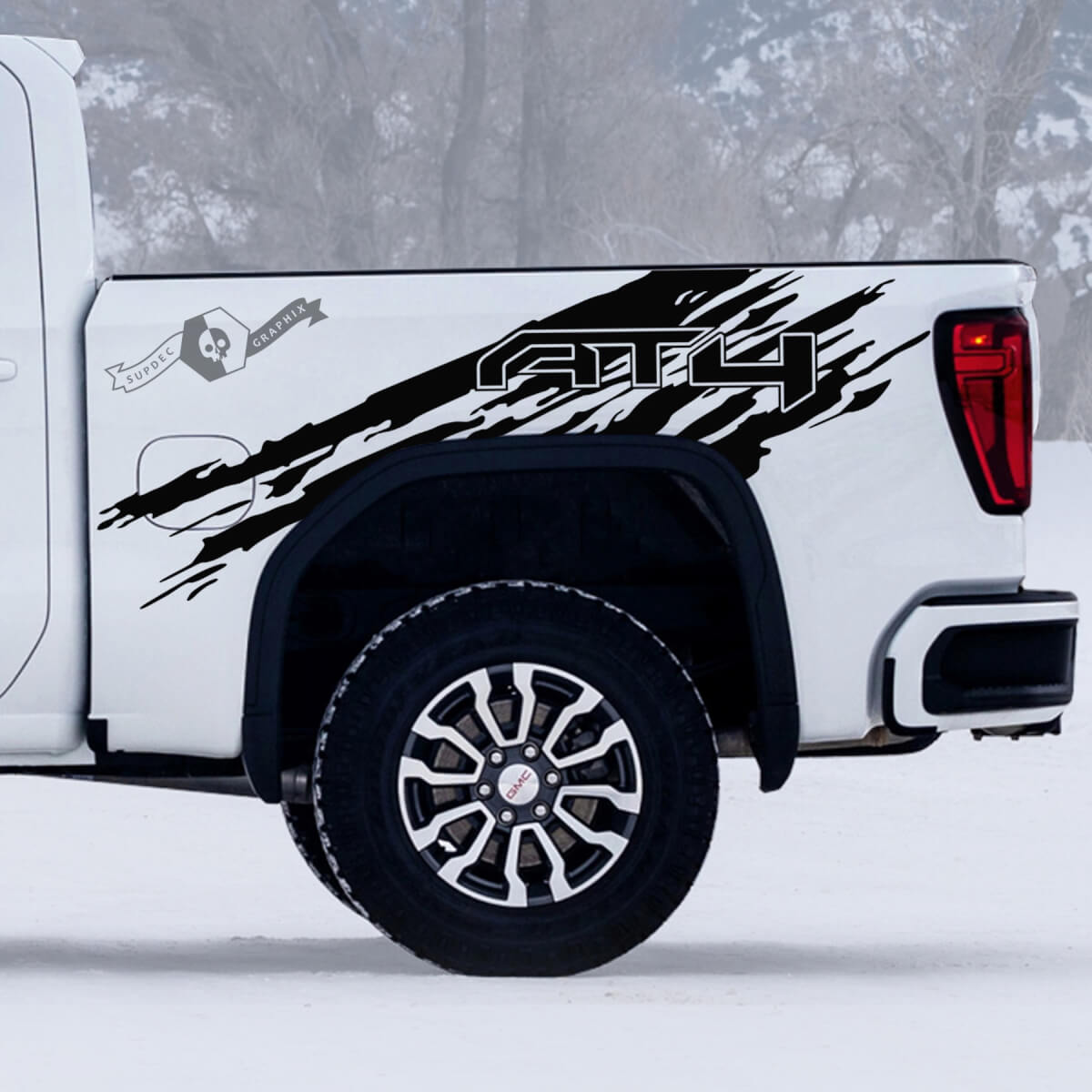 2 nuovi adesivi per decalcomanie GMC GM Sierra 1500 AT4 Bed Splash Off-Road Distrutto

