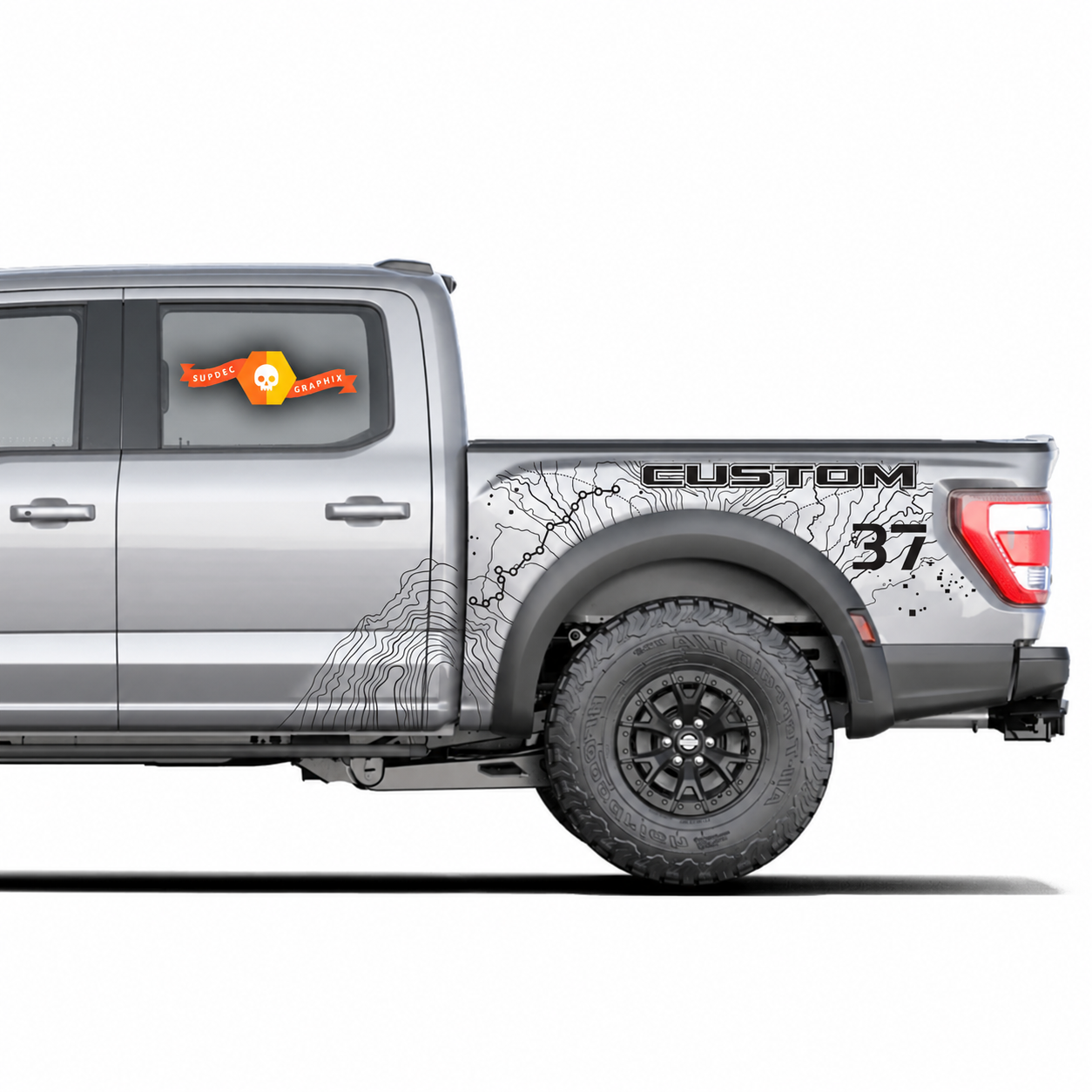 SVT CUSTOM Topographic Map Splash 37 — Adesivo in vinile (fianco del cassone) per Ford F-150 Raptor 2023