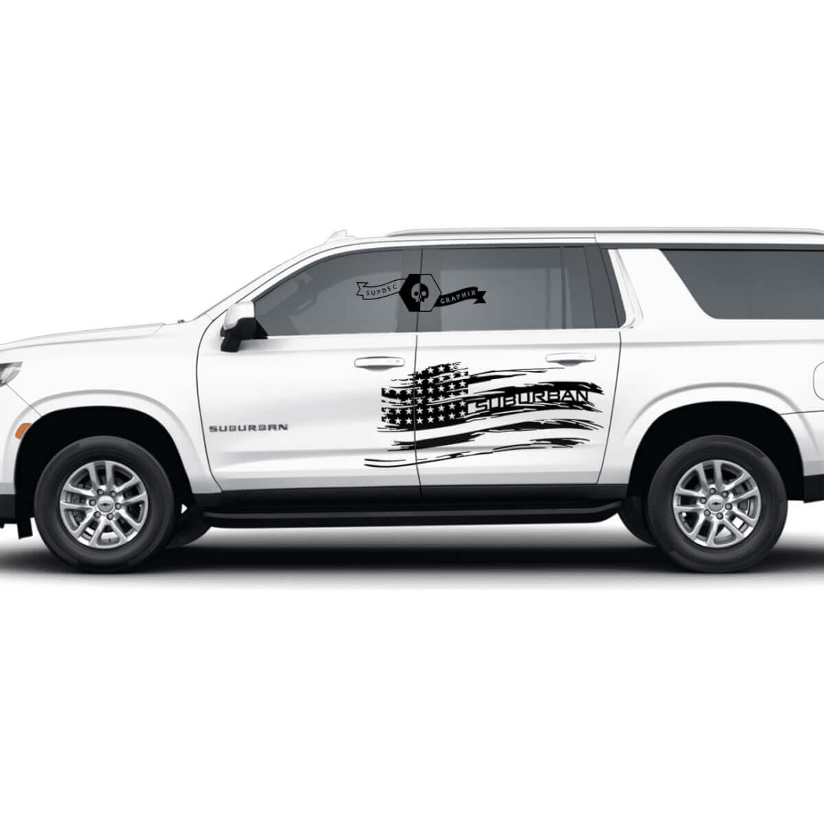 Coppia adesivi in ​​vinile per porte Chevrolet Suburban Side Distrutte con bandiera USA
