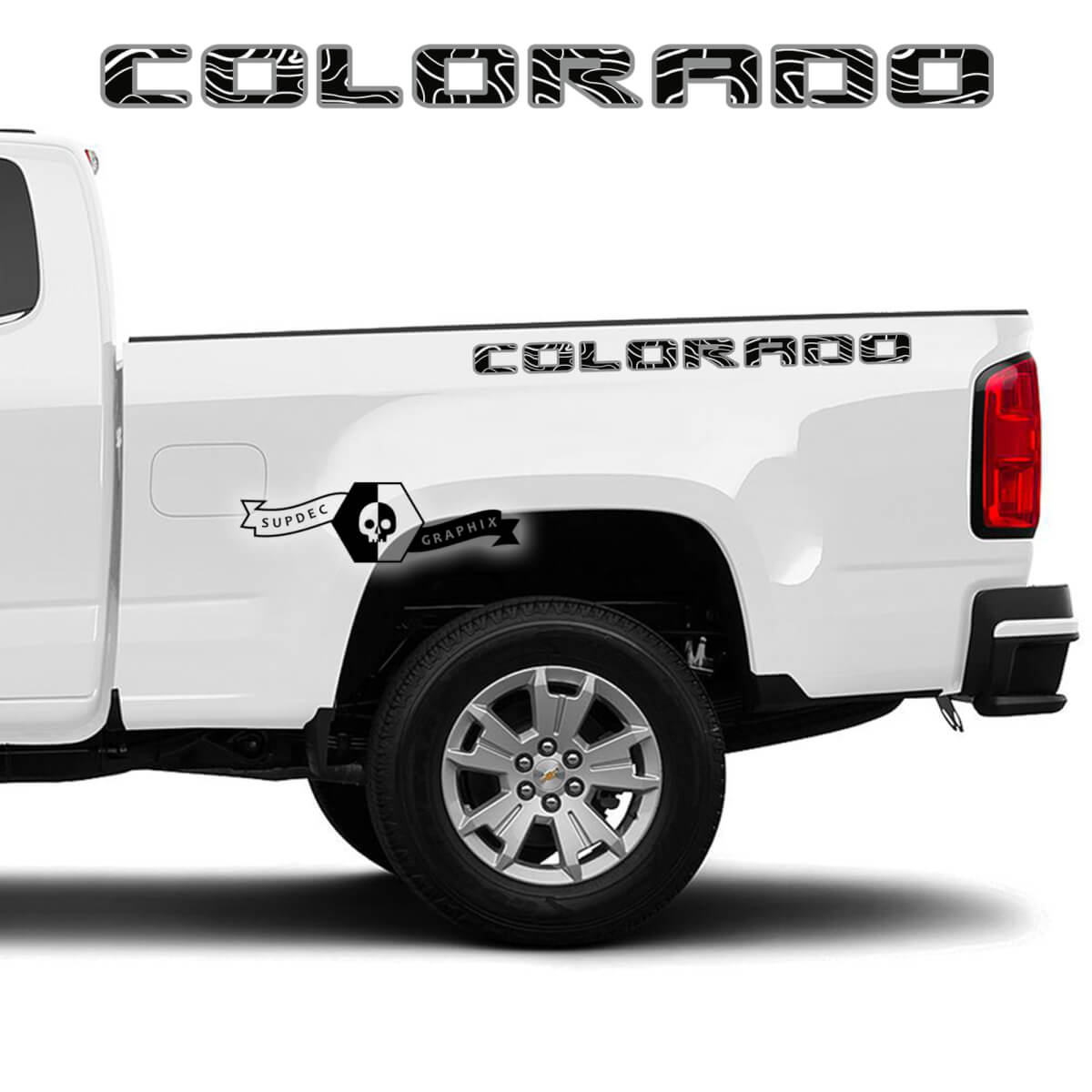 Coppia di adesivi in ​​vinile con logo della linea di contorno del letto laterale Chevrolet Colorado 2 colori
