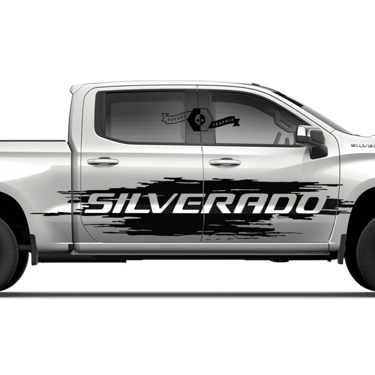 Coppia Adesivo in vinile per logo distrutto Wrap Splash per porte laterali Chevrolet Silverado 2022+ 2023
