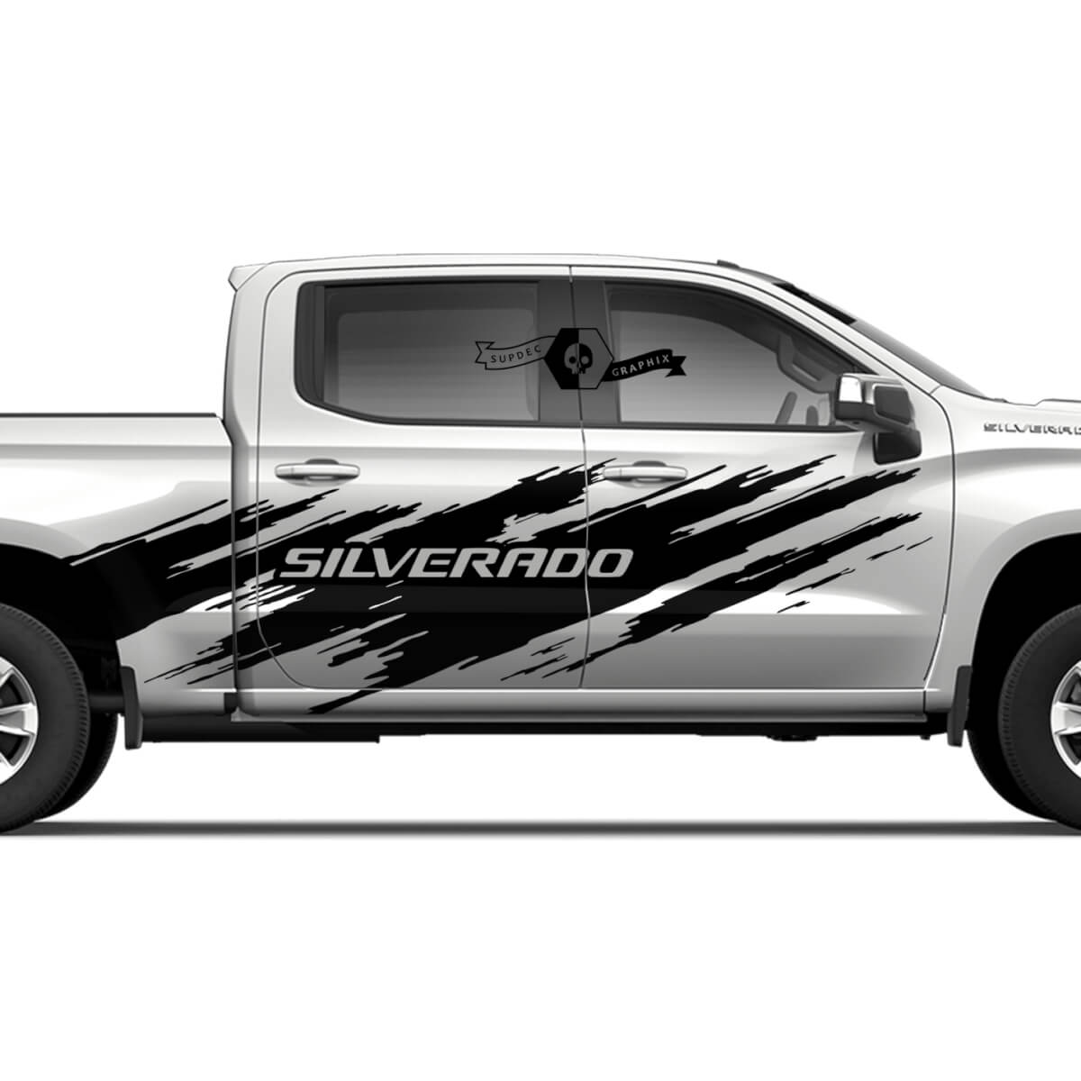 Coppia Chevrolet Silverado 2022+ 2023 porte laterali letto Splash Wrap distrutto logo striscia vinile adesivo decalcomania
