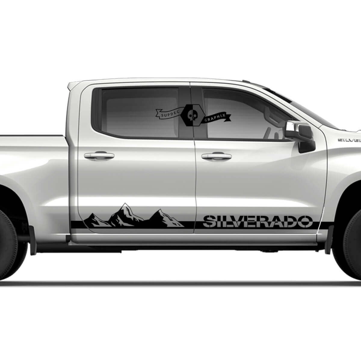 Coppia adesivo in vinile per fiancata laterale Chevrolet Silverado con montagne ombra sulle porte
