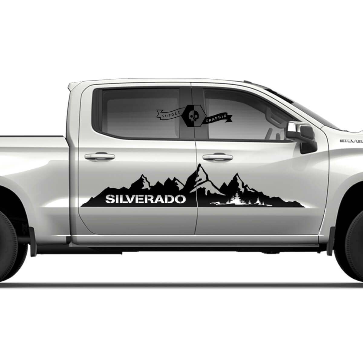 Coppia Adesivo in vinile per decalcomanie laterali delle porte per Chevrolet Silverado 2022+ 2023 con logo montagne
