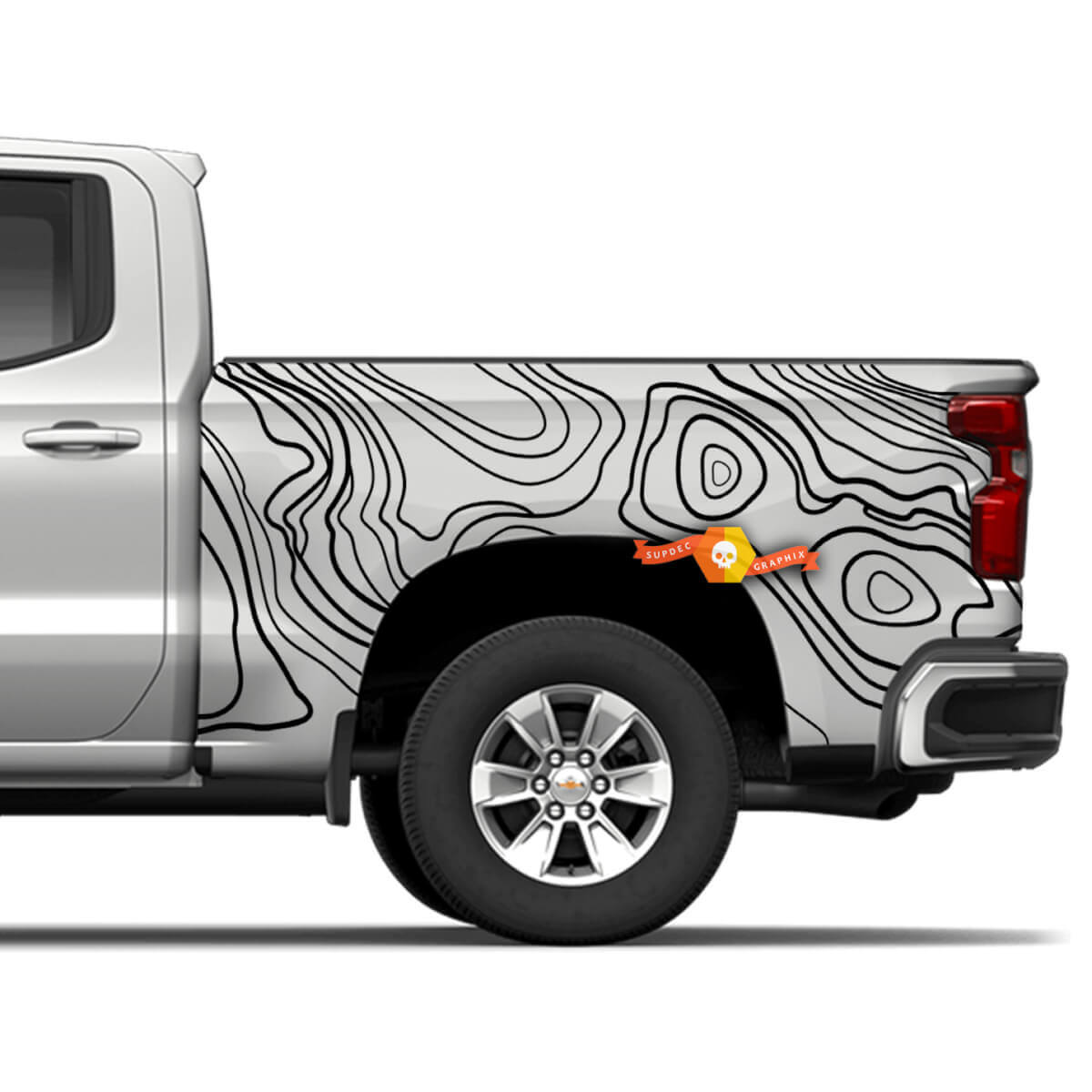Decalcomanie in vinile ritagliate grafiche per camion laterale Chevrolet Silverado sfondo a linee di livello mappa topografica mappa topografica.
