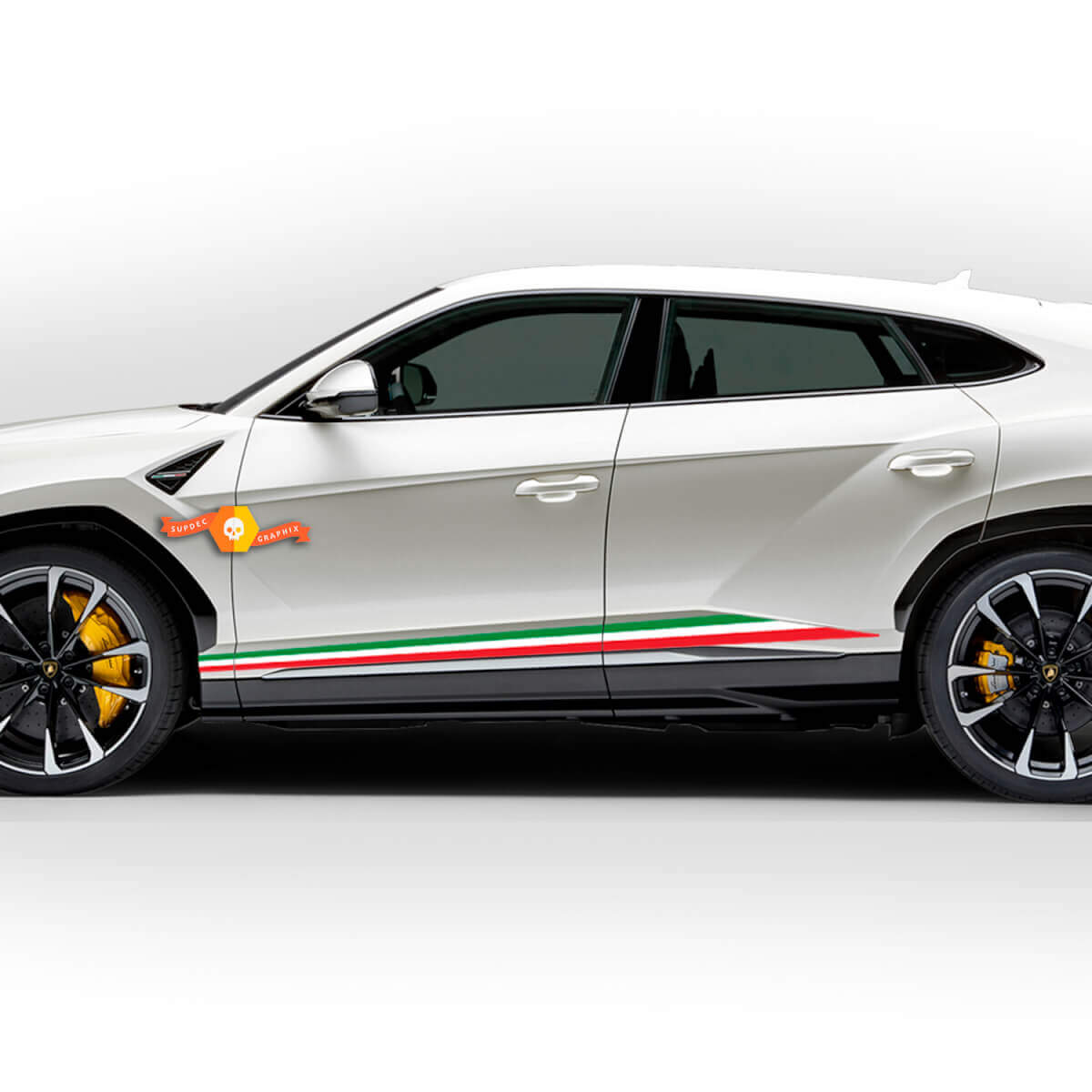 Coppia di strisce adesive in vinile con bandiera italiana per pannelli laterali Lamborghini Urus 2021 2022 2023.
