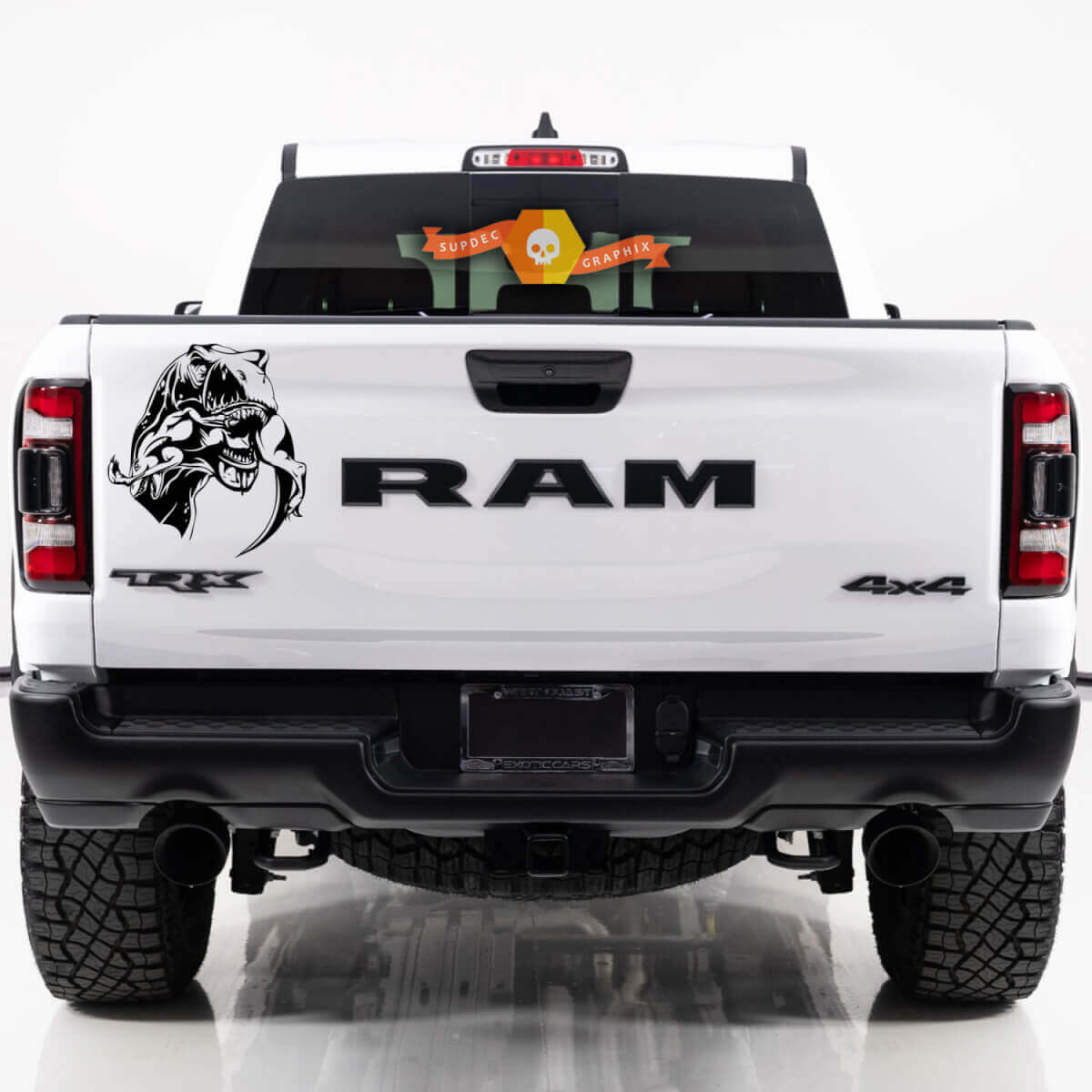 Adesivo in vinile per portellone T-Rex che mangia il coda di raptor per Dodge Ram TRX 2023