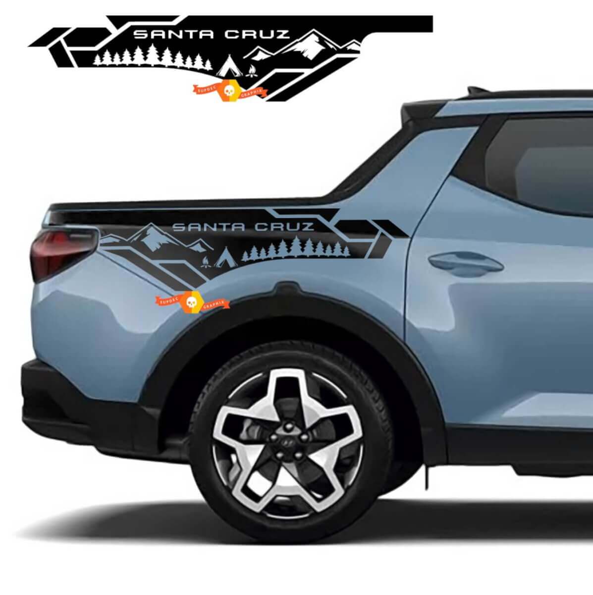 2x Adesivi in vinile laterali per fiancate del letto Camper edition con montagne e alberi adatti a Hyundai Santa Cruz
