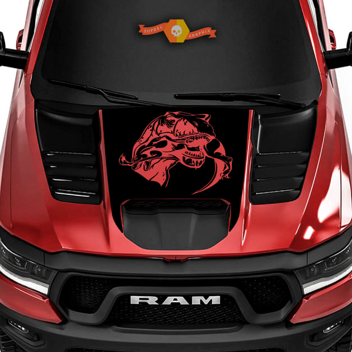 Adesivo Vinilico Cofano Raptor che Mangia T-Rex per Ram 1500 TRX