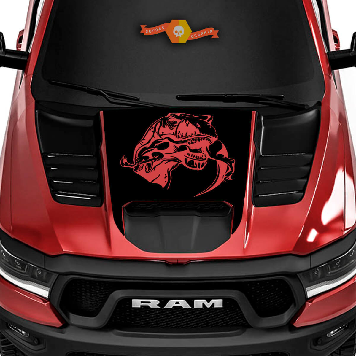 Adesivo Vinilico Cofano Raptor che Mangia T-Rex per Ram 1500 TRX