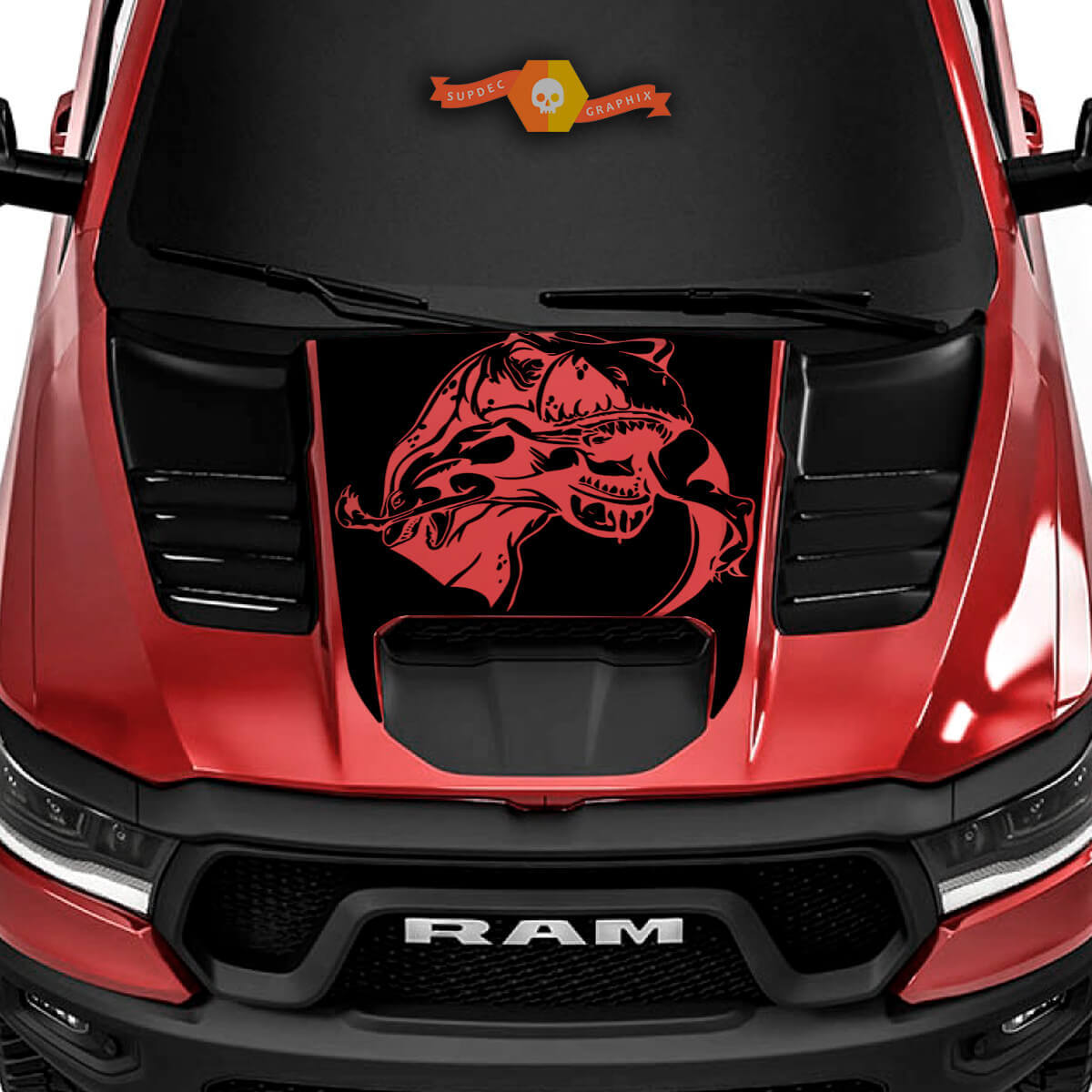 Adesivo in Vinile Cofano T-Rex Dinosauro per Dodge Ram 1500 TRX