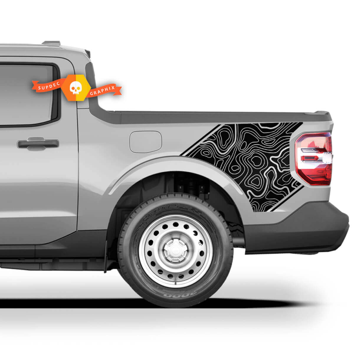 Coppia di adesivi grafici FX4 FORD MAVERICK 2022 2023 Decalcomanie Stickers Decalcomanie laterali del letto Mappa topografica Adesivi Maverick Laterali del letto del camion.
