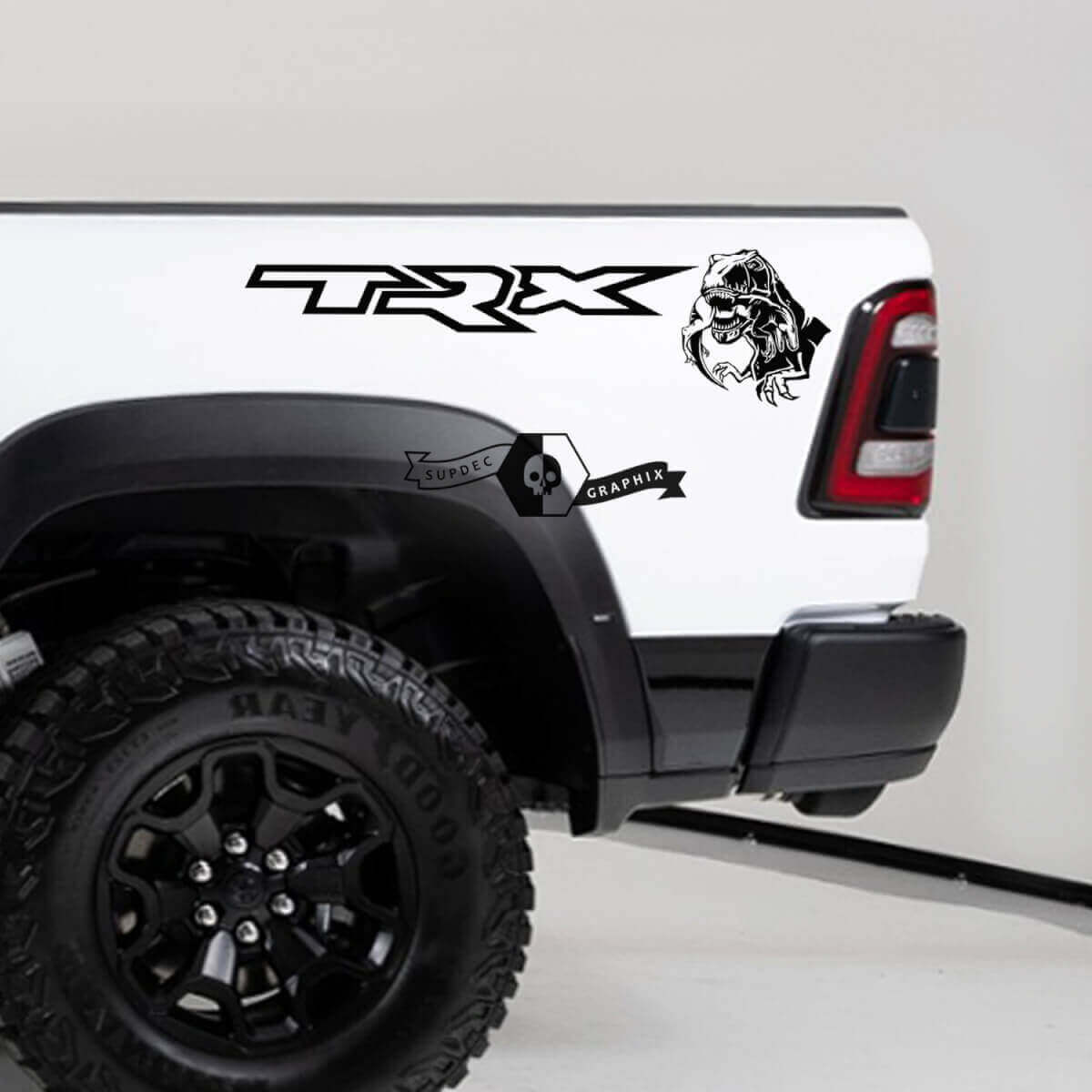 Adesivi in vinile laterali posteriori con T-Rex che mangia per Dodge Ram TRX 2020-2023