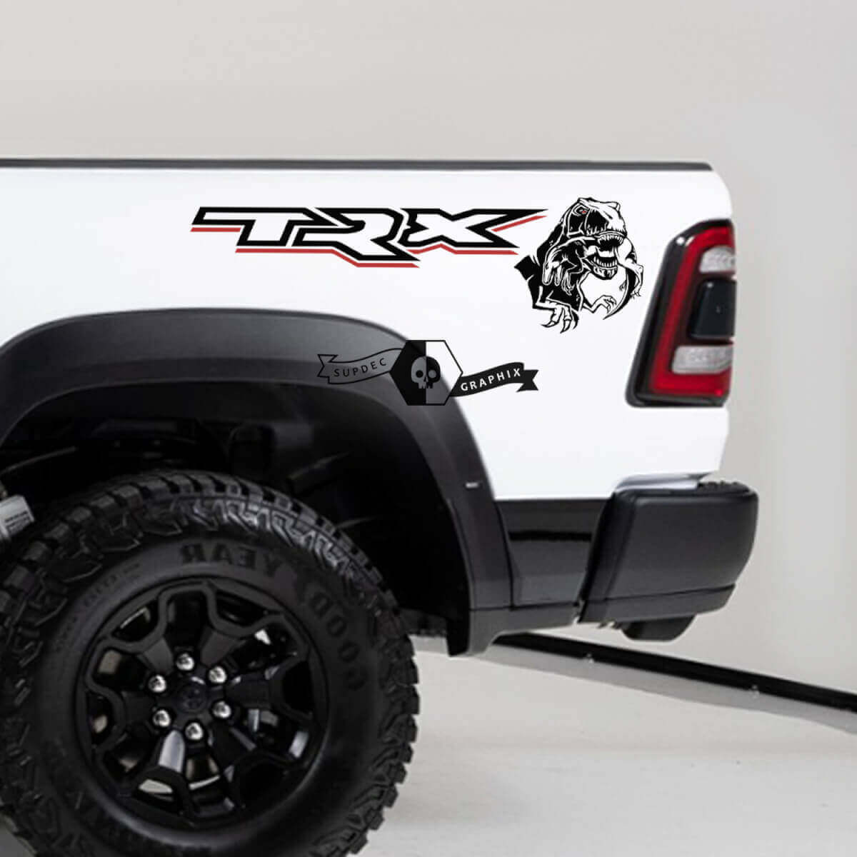 Kit Adesivi in Vinile per Fiancate Letto con T-Rex che Mangia un Raptor per Dodge Ram TRX 2020-23