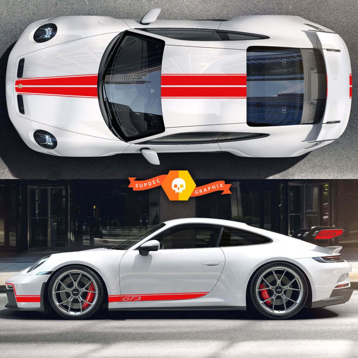 Kit Adesivi in Vinile Strisce Laterali Tetto Cofano Racing per Porsche 911 Carrera GT3