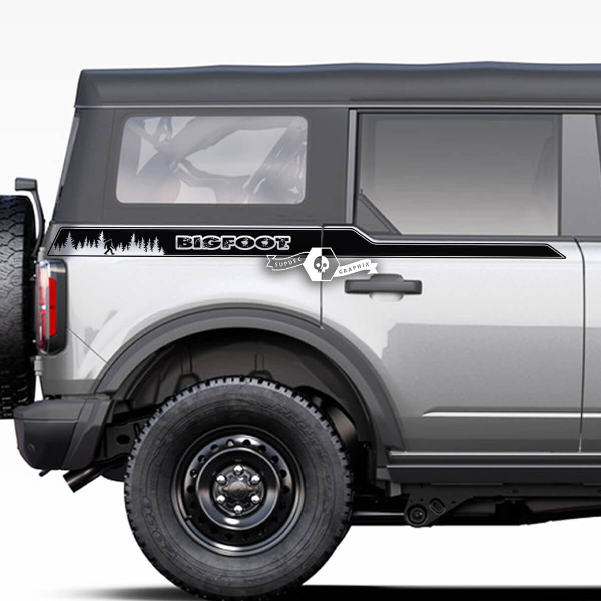 Coppia di decalcomanie a strisce laterali parafango letto adesivi Bigfoot foresta per Ford Bronco 2021 2022 2023
