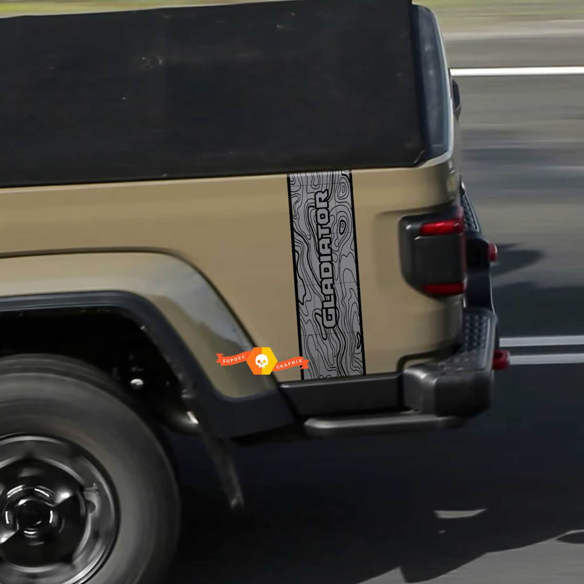 Logo Jeep Gladiator Mappa topografica Striscia laterale posteriore Grafica in vinile JT Rubicon Mojave
